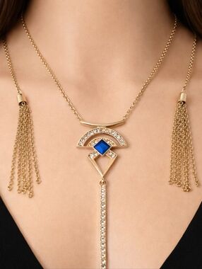 GUESS Gold Layered Fringed 34" Necklace - Blue Stone Sparkling Crystal Pendant